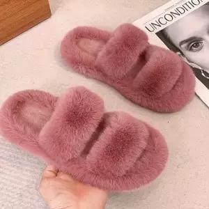 따뜻한 더블 스트랩 털 슬리퍼 겨울 거실 실내용 슈즈 여자겨울패션샌들 여성양털슬리퍼
