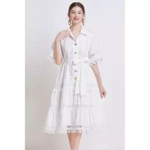 EAMT 여성 원피스 스커트 롱 프렌치 반팔 궁중 끈 레이스 펀칭 터틀넥 YJ2