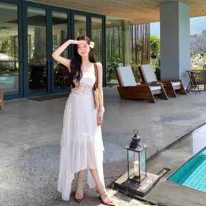 EAMT 원피스 여성용 여름 언밸런스 펀칭 비치 백 롱스커트 톱 바캉스 레이스 YJ2