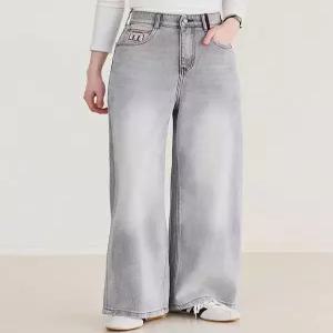 [WPBG]진주 펄 비즈 디테일 일자 밴딩 와이드 청바지