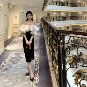 여자 원피스 예쁜 쉬폰 프렌치 퍼프 일자 어깨 트임 드레스 SPO마켓1