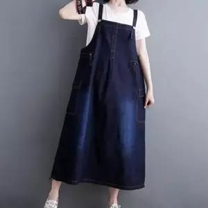 [애슬릿][애슬릿]여성 오버핏 멜빵 끈 데님 청 롱 원피스