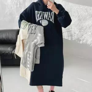[옷자락]여자 기모후드 빅사이즈 레터링 휘뚜루 등원룩 롱원피스