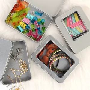 미니 사각 철제 투명 창 틴 케이스 박스 캔 경첩 뚜껑 분리형 정리함 소품 보관함