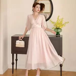 세군다 여자 쉬폰 시폰 원피스 초가을 브이넥 하늘하늘 언발 DOS3