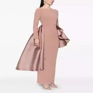 세군다 여자 쉬폰 시폰 원피스 핑크 일자 어깨 가을 긴팔 롱 드레스 DOS3