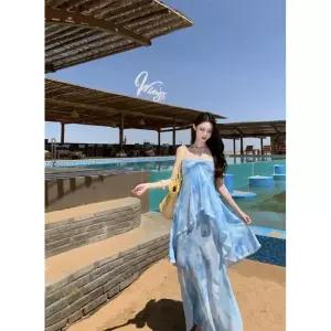 세군다 여자 쉬폰 시폰 원피스 독특한 예쁜 허리끈 프린트 롱 홀터넥 슬리브리스 DOS1