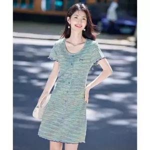 세군다 여자 쉬폰 시폰 원피스 컬러 스트라이프 니트 스커트 여름 캐주얼 단추 장식 DOS2