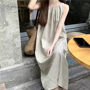 [옷자락][클리어런스]라운드넥 셔링 A라인 민소매 루즈 롱원피스_5