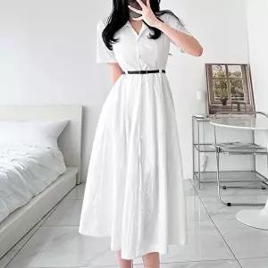 [옷자락][클리어런스]하객룩 심플 셔츠원피스 반팔 화이트 롱원피스_5