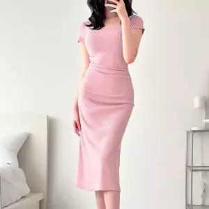 [옷자락][클리어런스]여름 심플 골반셔링 주름 슬림핏 반팔 롱원피스_5