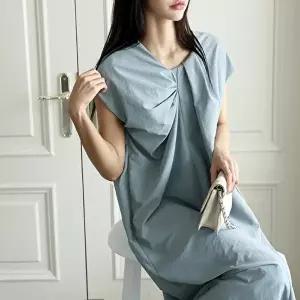 [옷자락][클리어런스]여름 드레시 모임룩 캡소매 셔링 모던 롱원피스_5