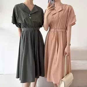 [옷자락][클리어런스]여름원피스하객룩 셔링 벨트 카라넥 버튼 롱원피스_5