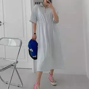 [옷자락][클리어런스]하프 반집업 셔링 5부반팔 코튼 스트링 롱원피스_5