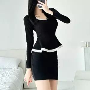 [옷자락][클리어런스]페플럼 배색 슬림긴팔 가을 하객룩 미니원피스_5