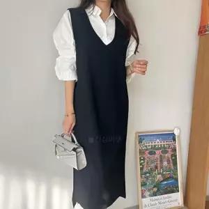 [옷자락][클리어런스]하객룩 민소매 핀턱 브이넥 언발 슬릿 롱원피스_5