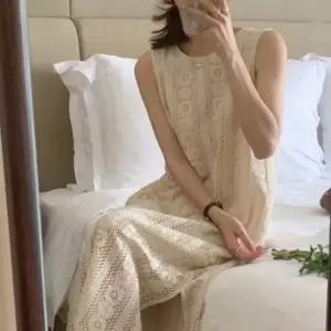 여름 펀칭 레이스 롱 원피스 민소매 나시