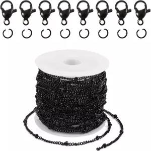 보석 제작을 위다홀 64피트 위성 비드 체인 점프 링 걸쇠가 달린 블랙 스테인리스 스틸 케이블 링크 롤