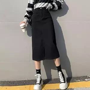 [옷자락][클리어런스]블랙 A라인 앞트임 캐주얼 날씬핏 스커트_5