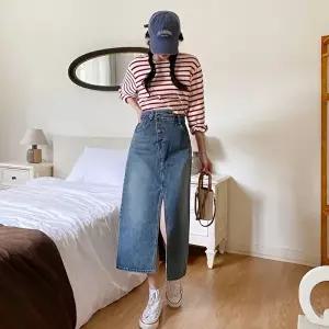 [옷자락][클리어런스]간절기 캐주얼 언발 앞트임 코튼 데님 롱스커트_5