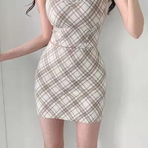 [옷자락][클리어런스]여름 딱붙 슬림 A라인 반하이 체크 미니스커트_5