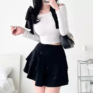 [옷자락][클리어런스]여름 블랙 화이트 리본 포인트 캉캉 미니스커트_5