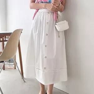 [옷자락][클리어런스]A라인 버튼 펀칭레이스 데이트룩 코튼 롱스커트_5