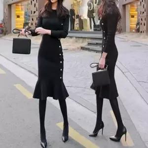 친절한탄씨 F69401 슬림핏 밑단프릴 롱니트원피스 하객룩 오피스 벨트니트원피스 루즈핏니트 박스니트