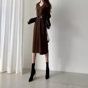 친절한탄씨 F02034 벨트포함 루즈핏 박시한 V넥 롱 니트 원피스 벨트니트원피스 루즈핏니트 박스니트