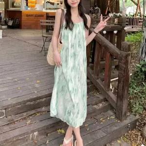 [하프클럽/]여성 가벼운 나염 끈나시 롱원피스 그린 1P 주름 치마