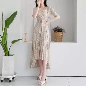 [시즌오프]언발 기하학 허리끈 반팔 쉬폰 플레어 롱원피스_5