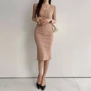 [시즌오프]골지원피스 버튼 브이넥 뒤트임 일자 롱원피스_5