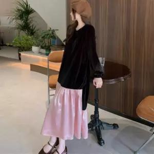 [시즌오프]벨로아 콤비 실키 배색 연말룩 벨벳 롱원피스_5