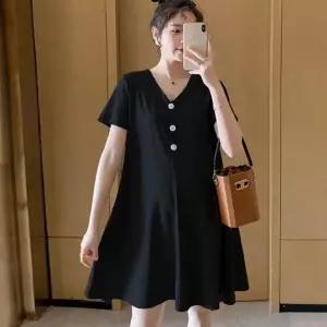 [반애] 여자 넉넉한 핏 일상복 임부복 브이넥 반팔 원피스 77 사이즈 임산부 귀여운 여름