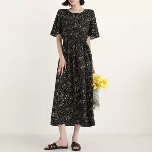 보루 플라워 패턴 밴딩 날개 소매 원피스_BDOP380