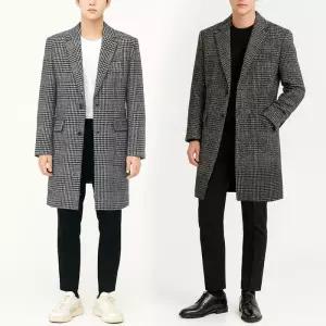 [디바옴므]겨울 하운드 잔체크 싱글하프 모직코트 더블 롱 정장