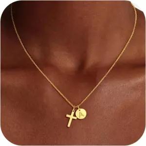 페조도 어머니의 날 선물 크로스 이니셜 목걸이 - 14K 골드 도금 디스크 편지 십대 소녀 트렌디한 물건