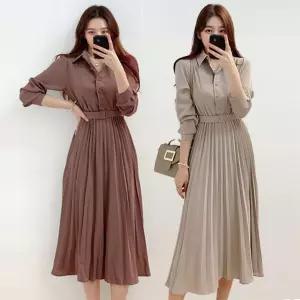 여자 봄가을 간절기 벨티드 플리츠 셔츠형 롱원피스