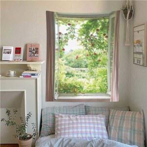 창문패브릭 터 숲속 풍경 자연 두꺼비집가리개 배경 벽인테리어 창문 그림 터 침대