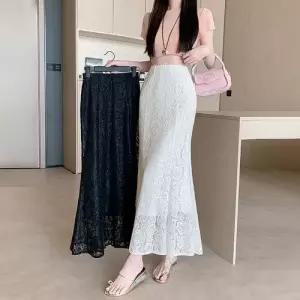 여성용 스커트 블랙 롱 쉬폰 영상 봄여름 레이스 펀칭 하이웨스트 머메이드 KS2