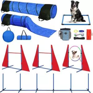 반려견 민첩성 코스 뒷마당 세트 장비 위한 휴대용 훈련 터널 2개 점프 3개 직조 폴 6개 등이 있는 장애물