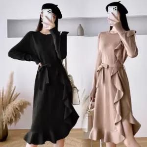 [시즌오프]프릴원피스 언발 셔링 벨티드 봄 니트 롱원피스_5