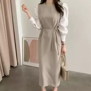 [시즌오프]청순 럭셔리 볼륨소매 H라인 배색 원피스_5