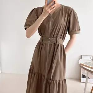 [시즌오프]집업원피스 벨티드 퍼프 바스락 캉캉 롱원피스_5