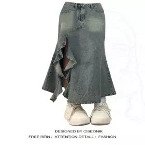 머메이드데님스커트 롱 긴치마 언발 여성 캐주얼