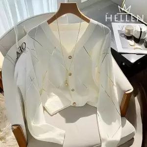 [헬렌] 브이넥 기본 얇은 니트 가디건 봄 가을 출근룩 격자 패턴 헤일메리가디건 T-025