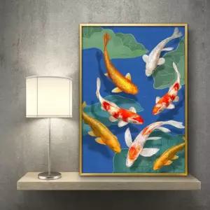 3.파랑수련바탕 잉어그림_A3 골드알루미늄 풍수그림 풍수인테리어 풍수 부자되는그림