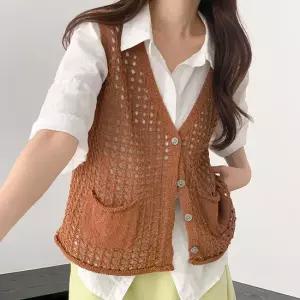 여자 박스핏 네트 돌돌포켓 브이넥 버튼 여름 니트조끼