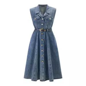 [GGPX]벨티드 민소매 데님 카라 롱 원피스 (GQBOW025D)