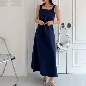 [클리어런스]슬리브리스 면원단 백리스 에이라인 사각 SS 롱원피스_5